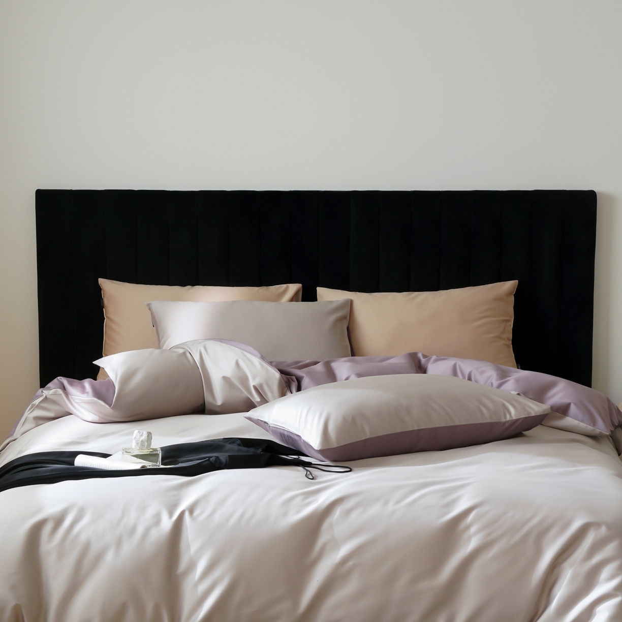 91家纺网 家纺一手货源 找家纺 玉宇阁家居 2026春夏新款50S双股全棉纯棉贡缎拼色四件套 空气灰紫