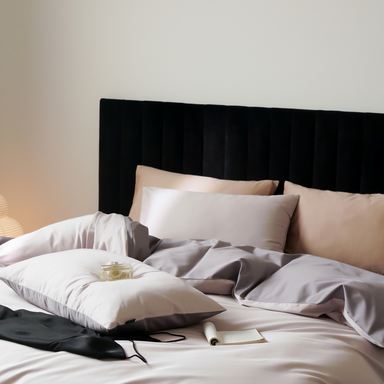 91家纺网 家纺一手货源 找家纺 玉宇阁家居 2026春夏新款50S双股全棉纯棉贡缎拼色四件套 空气紫灰