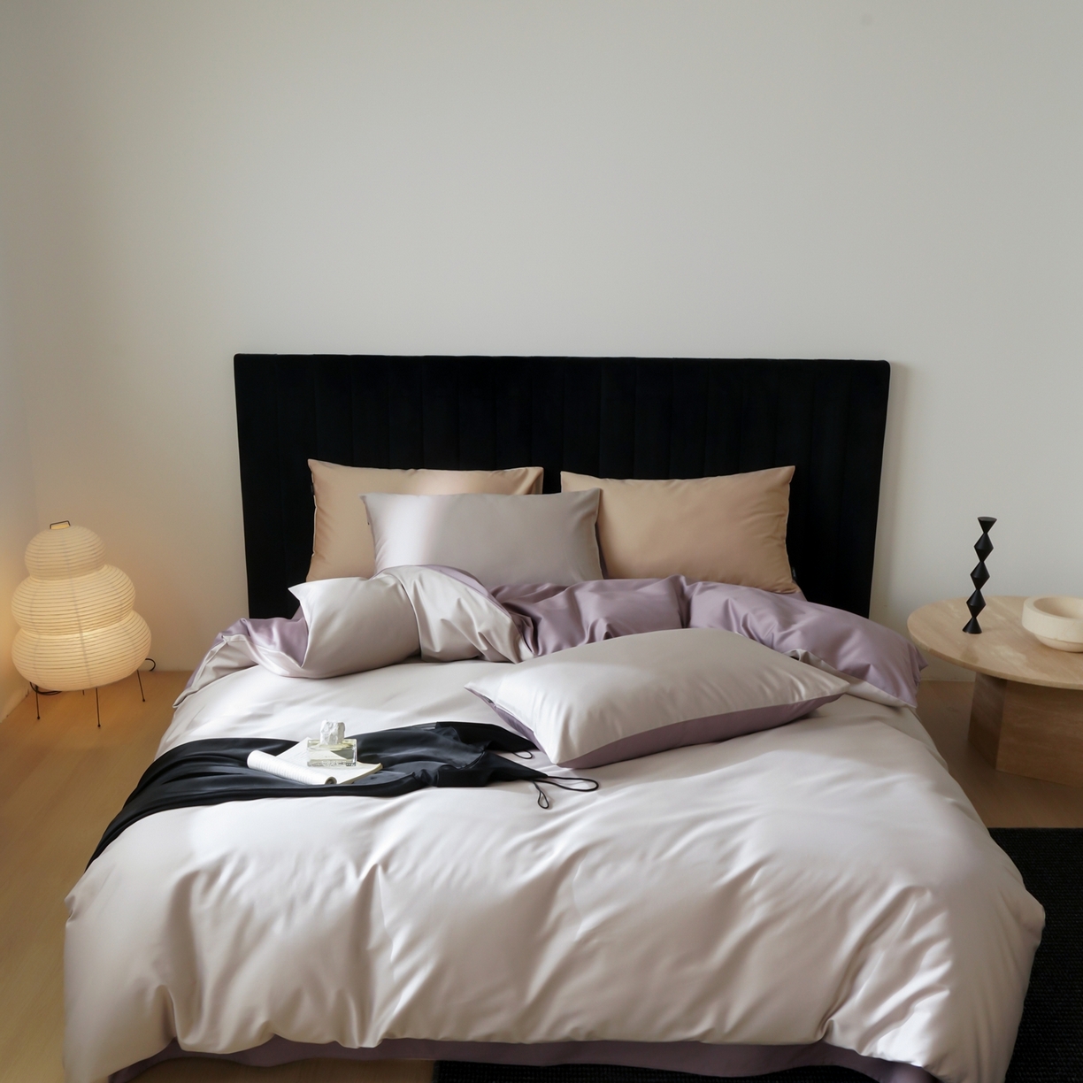 玉宇阁家居 2026春夏新款50S双股全棉纯棉贡缎拼色四件套 空气灰紫