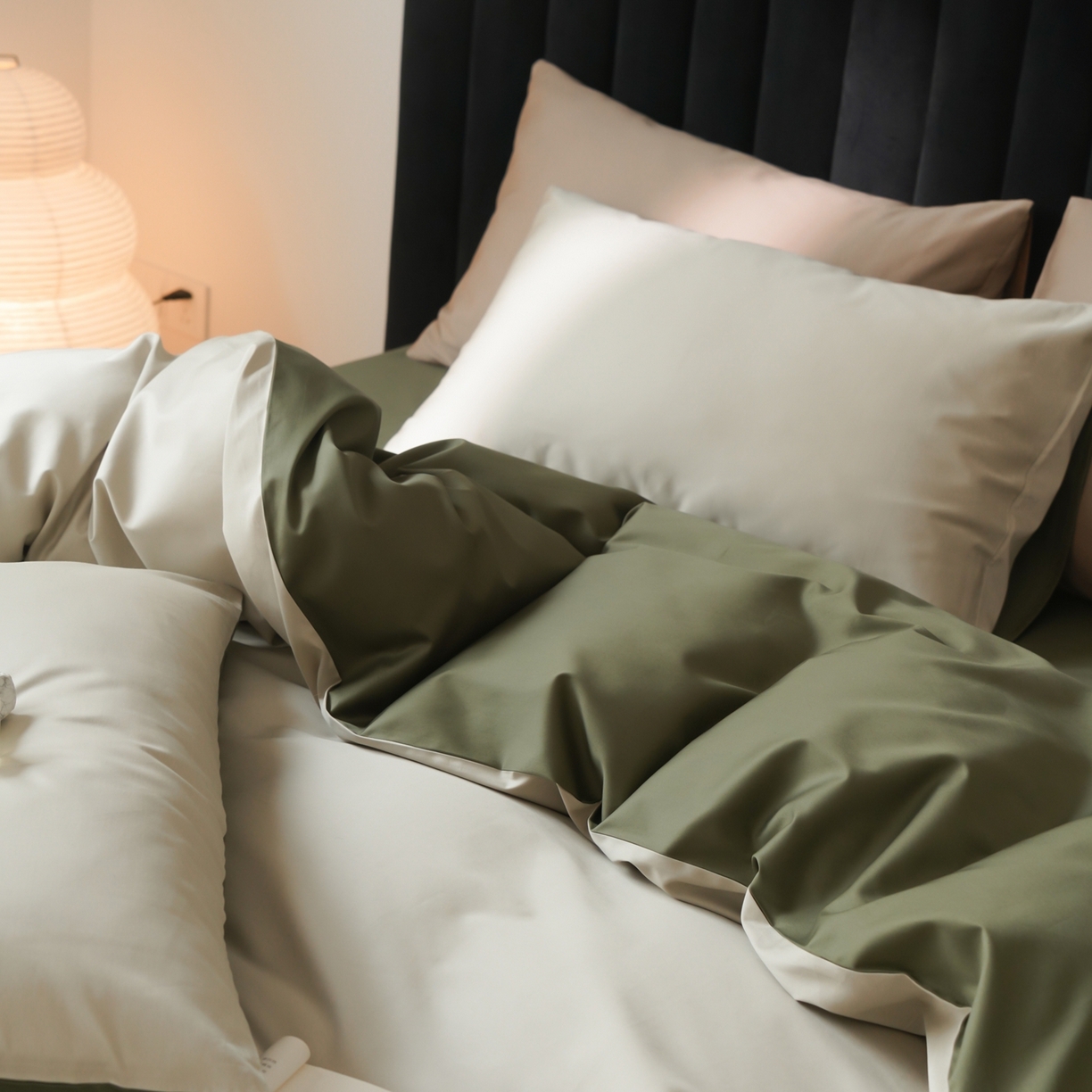 91家纺网 家纺一手货源 找家纺 玉宇阁家居 2026春夏新款50S双股全棉纯棉贡缎拼色四件套 苔原新绿