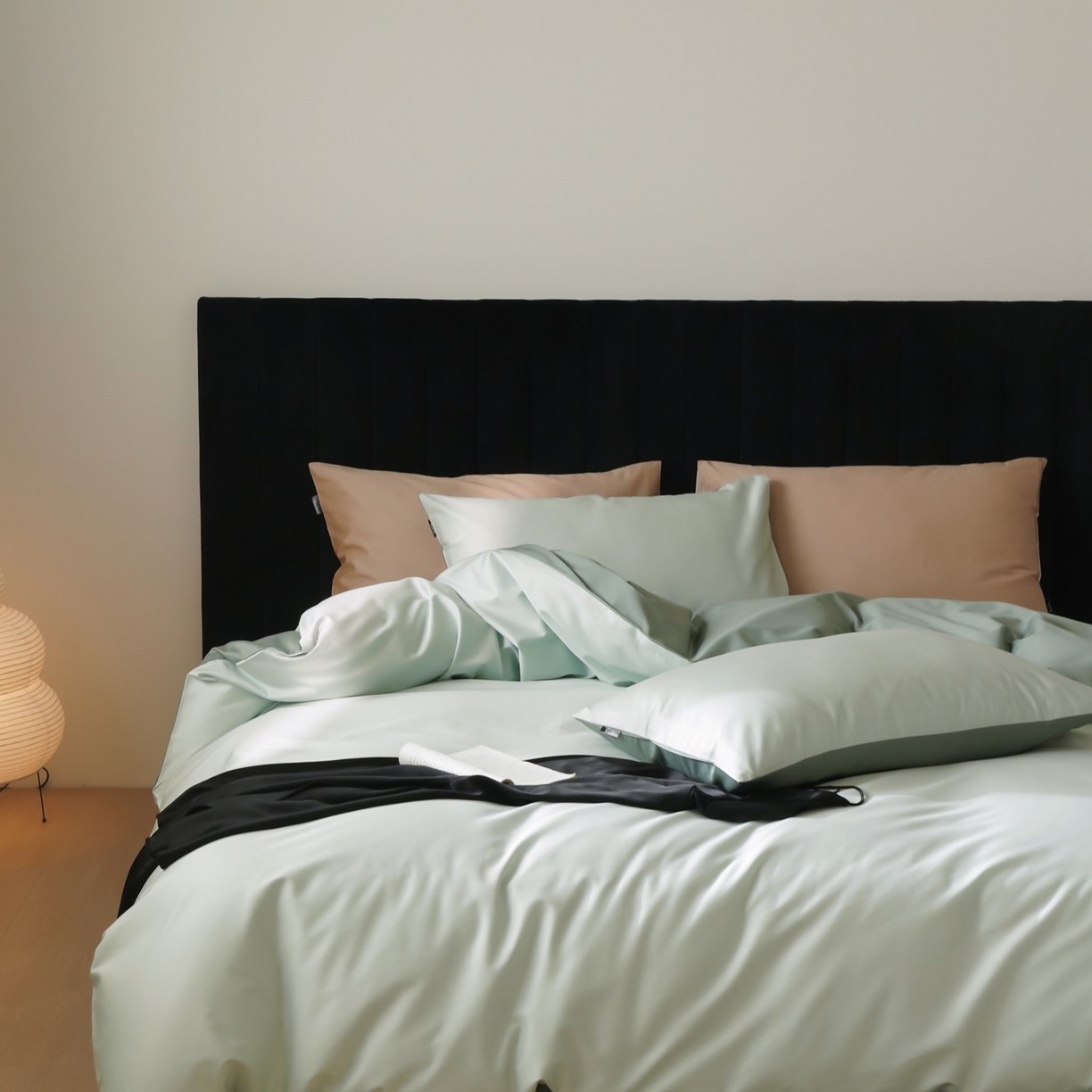 91家纺网 家纺一手货源 找家纺 玉宇阁家居 2026春夏新款50S双股全棉纯棉贡缎拼色四件套 奶酪薄荷