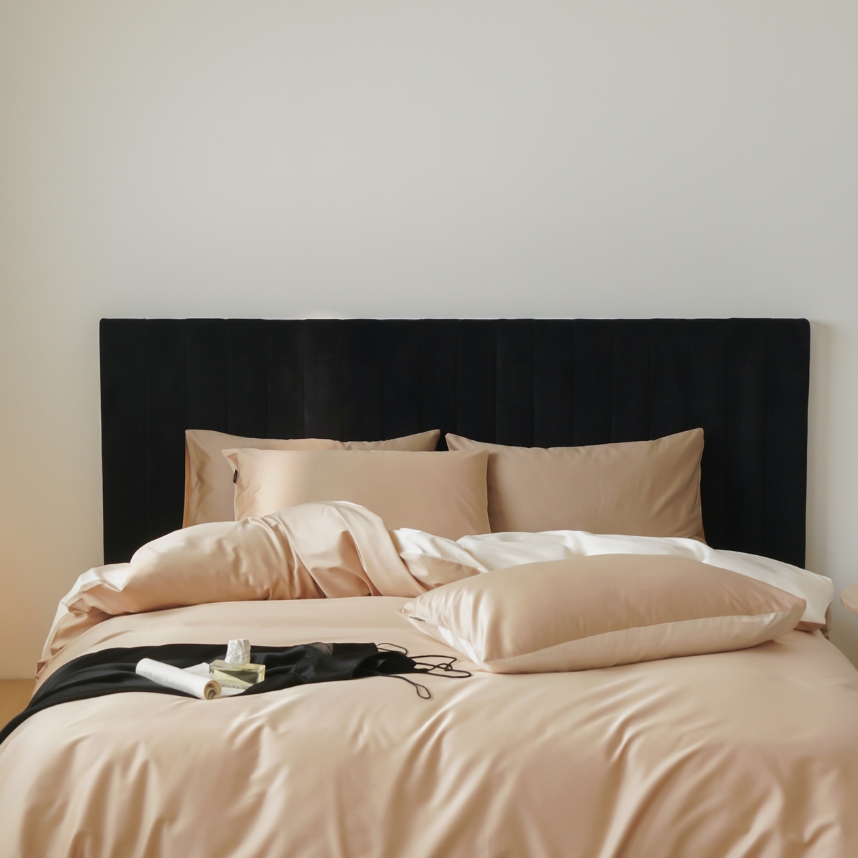 91家纺网 家纺一手货源 找家纺 玉宇阁家居 2026春夏新款50S双股全棉纯棉贡缎拼色四件套 晨曦浅玉