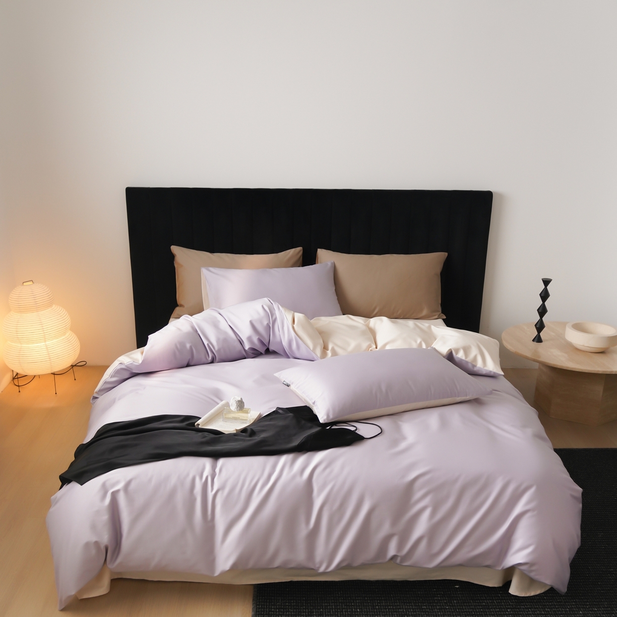 玉宇阁家居 2026春夏新款50S双股全棉纯棉贡缎拼色四件套 珍珠紫玉