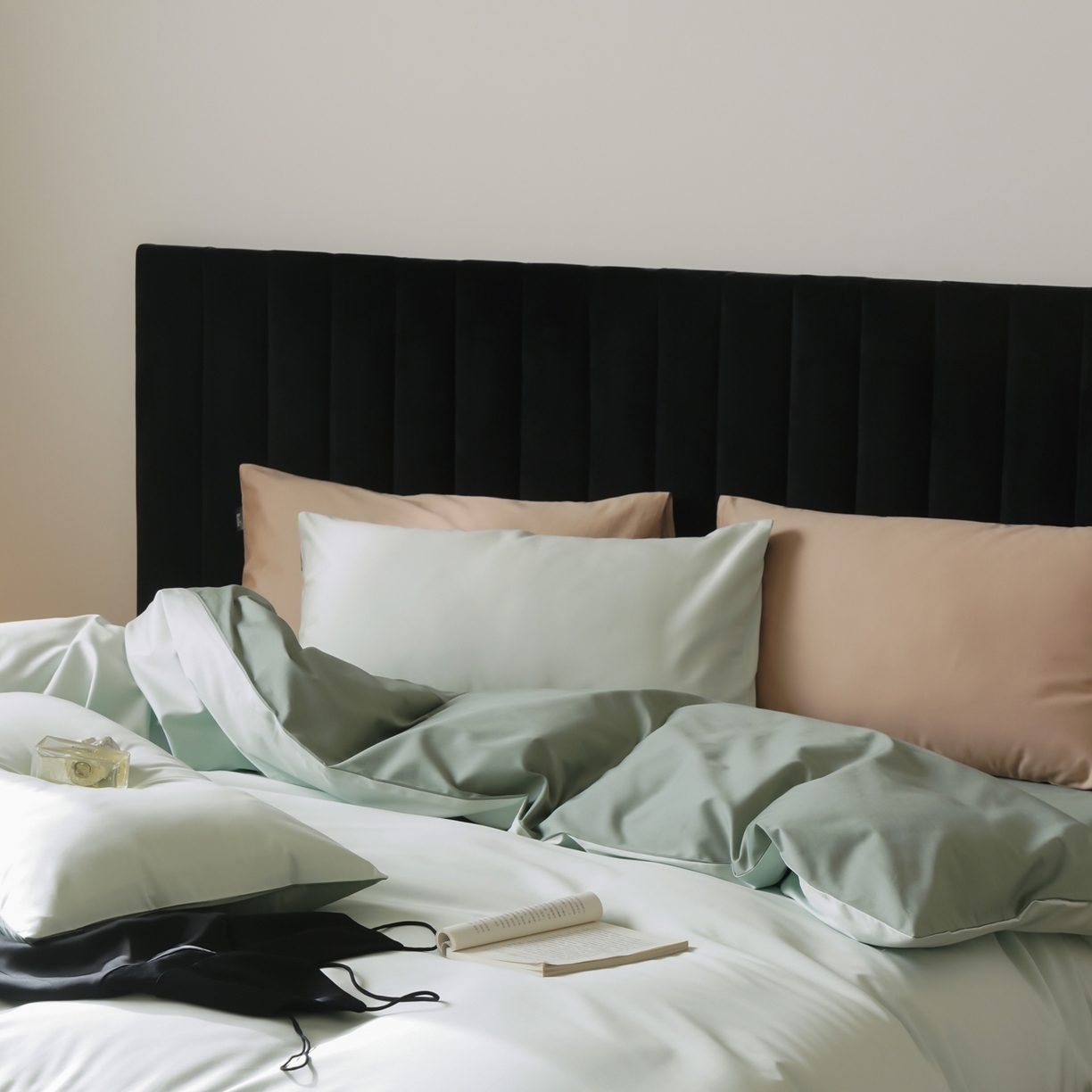 91家纺网 家纺一手货源 找家纺 玉宇阁家居 2026春夏新款50S双股全棉纯棉贡缎拼色四件套 奶酪薄荷