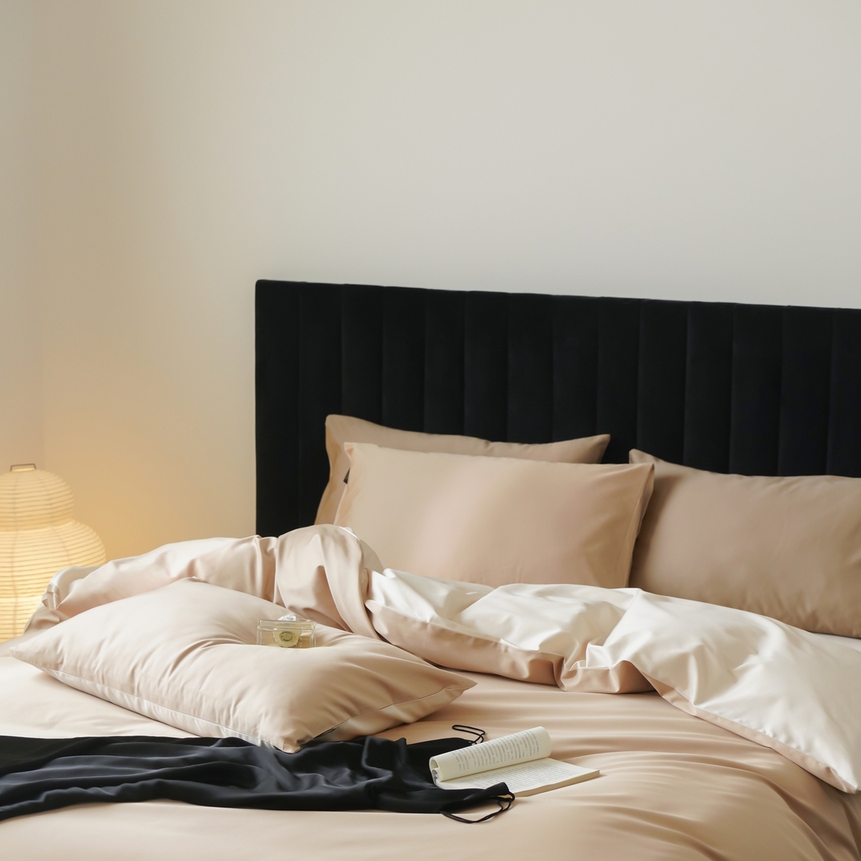 91家纺网 家纺一手货源 找家纺 玉宇阁家居 2026春夏新款50S双股全棉纯棉贡缎拼色四件套 晨曦浅玉