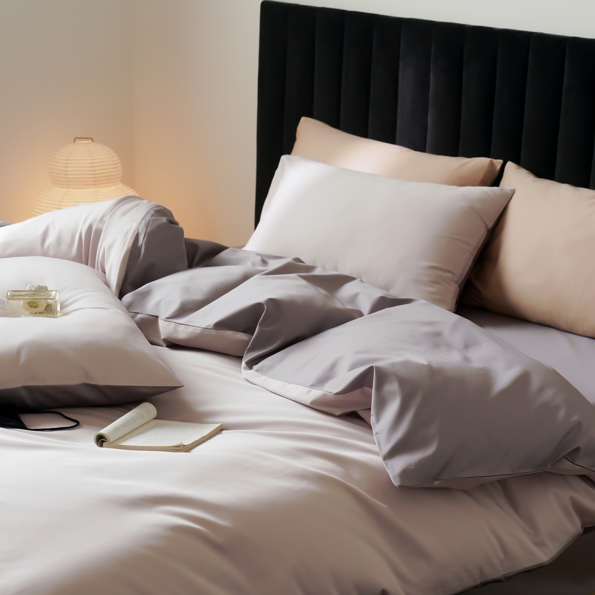 91家纺网 家纺一手货源 找家纺 玉宇阁家居 2026春夏新款50S双股全棉纯棉贡缎拼色四件套 空气紫灰