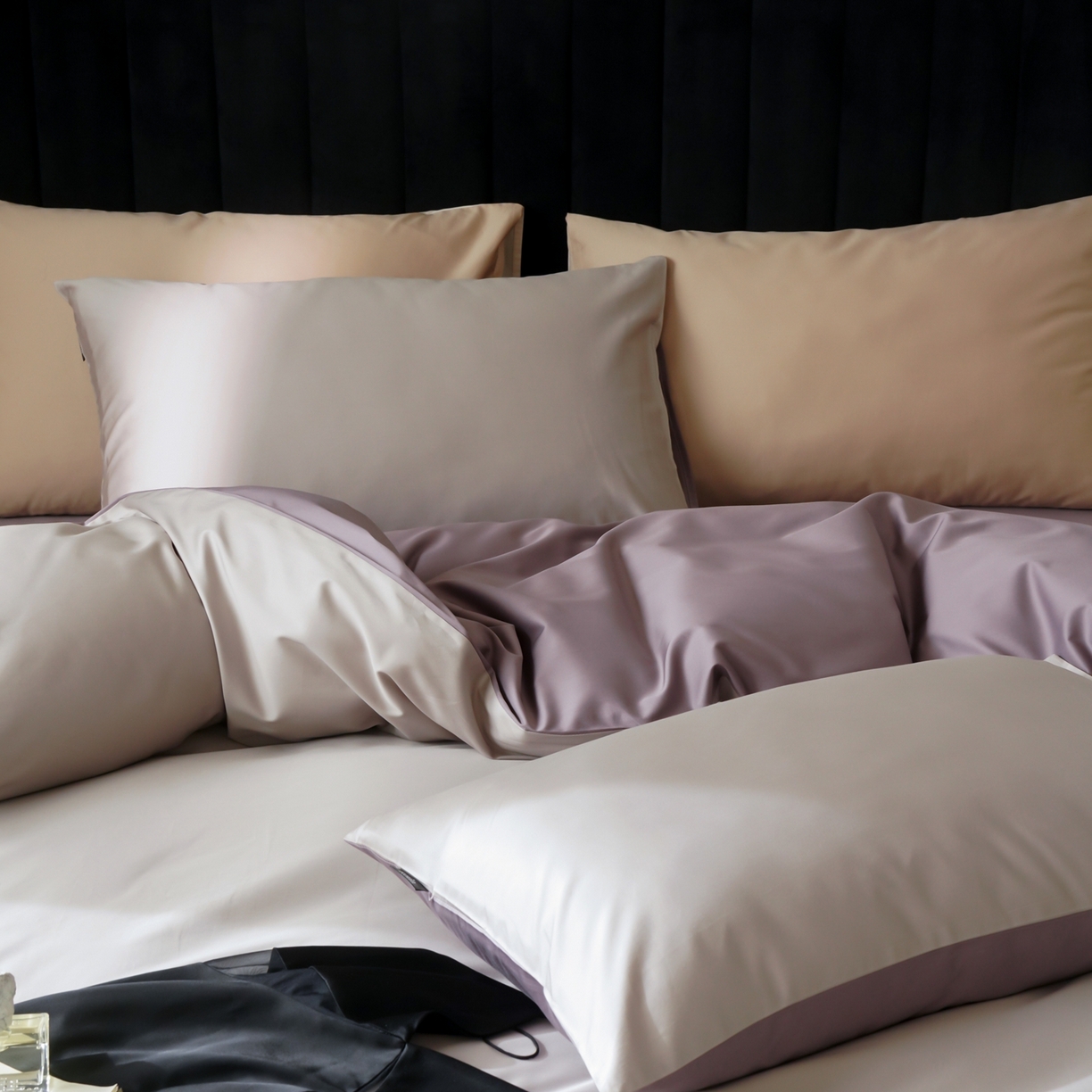 91家纺网 家纺一手货源 找家纺 玉宇阁家居 2026春夏新款50S双股全棉纯棉贡缎拼色四件套 空气灰紫