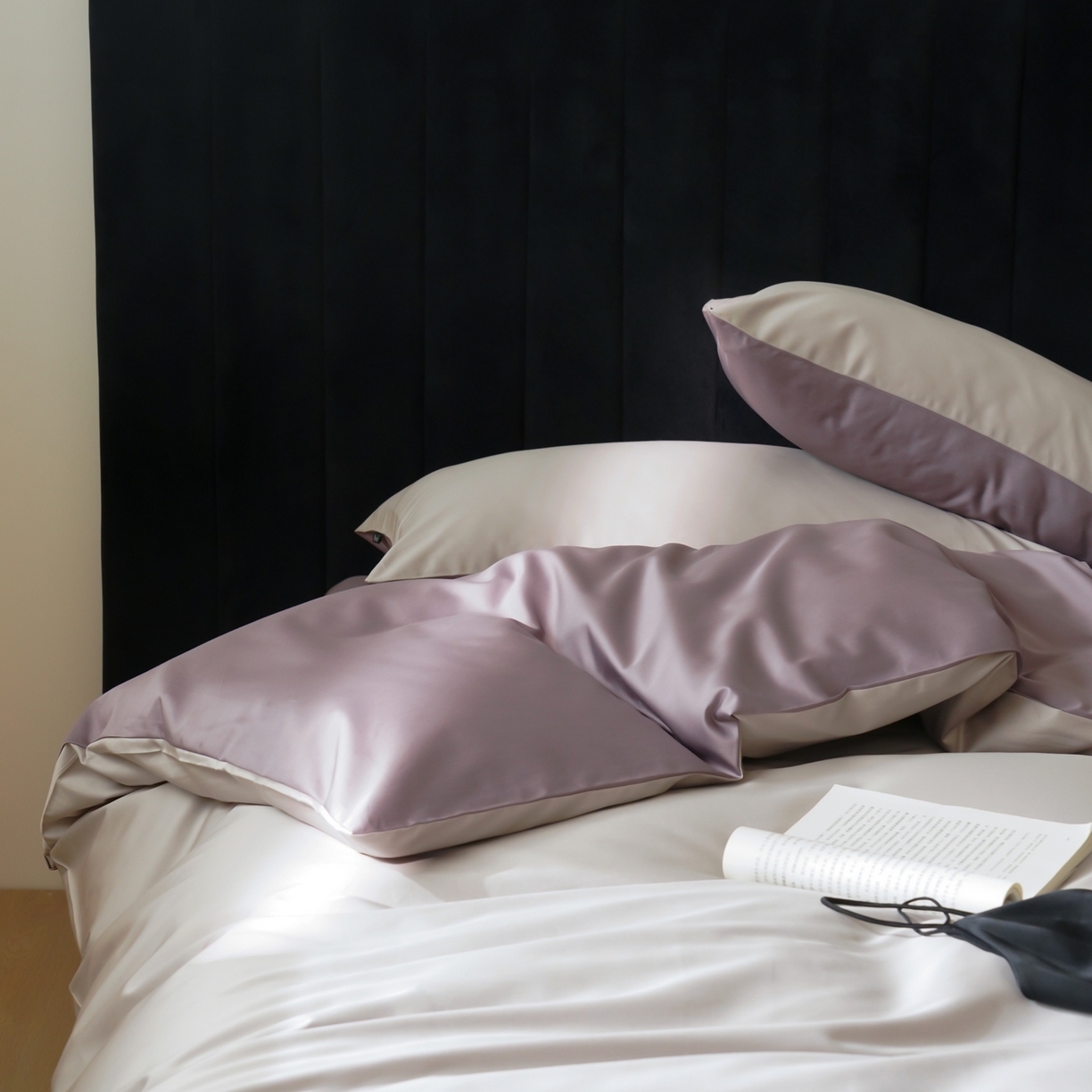 91家纺网 家纺一手货源 找家纺 玉宇阁家居 2026春夏新款50S双股全棉纯棉贡缎拼色四件套 空气灰紫