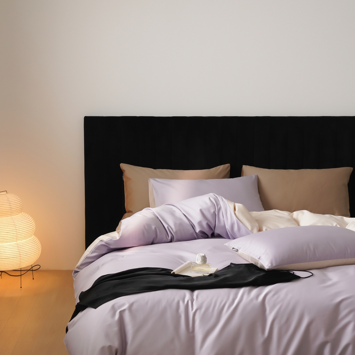 91家纺网 家纺一手货源 找家纺 玉宇阁家居 2026春夏新款50S双股全棉纯棉贡缎拼色四件套 珍珠紫玉