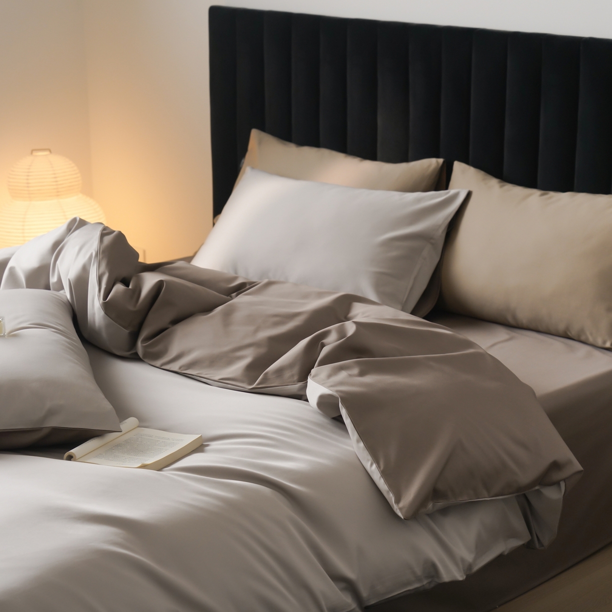 91家纺网 家纺一手货源 找家纺 玉宇阁家居 2026春夏新款50S双股全棉纯棉贡缎拼色四件套 春和日棕