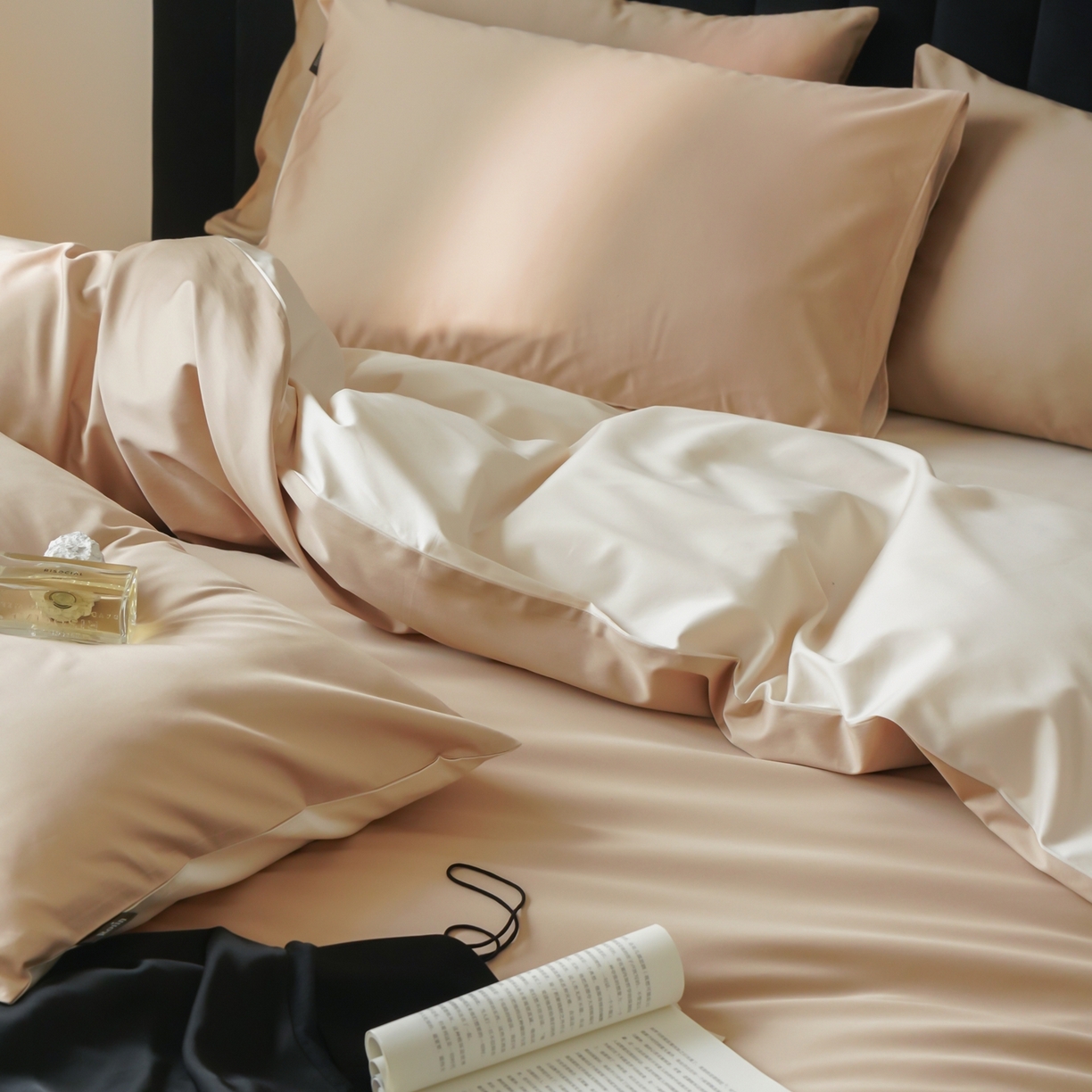 91家纺网 家纺一手货源 找家纺 玉宇阁家居 2026春夏新款50S双股全棉纯棉贡缎拼色四件套 晨曦浅玉