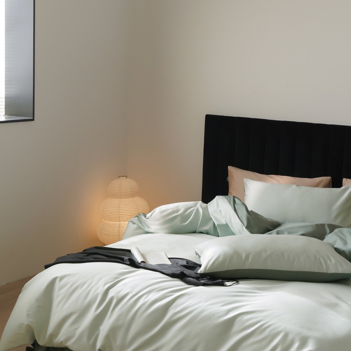 91家纺网 家纺一手货源 找家纺 玉宇阁家居 2026春夏新款50S双股全棉纯棉贡缎拼色四件套 奶酪薄荷