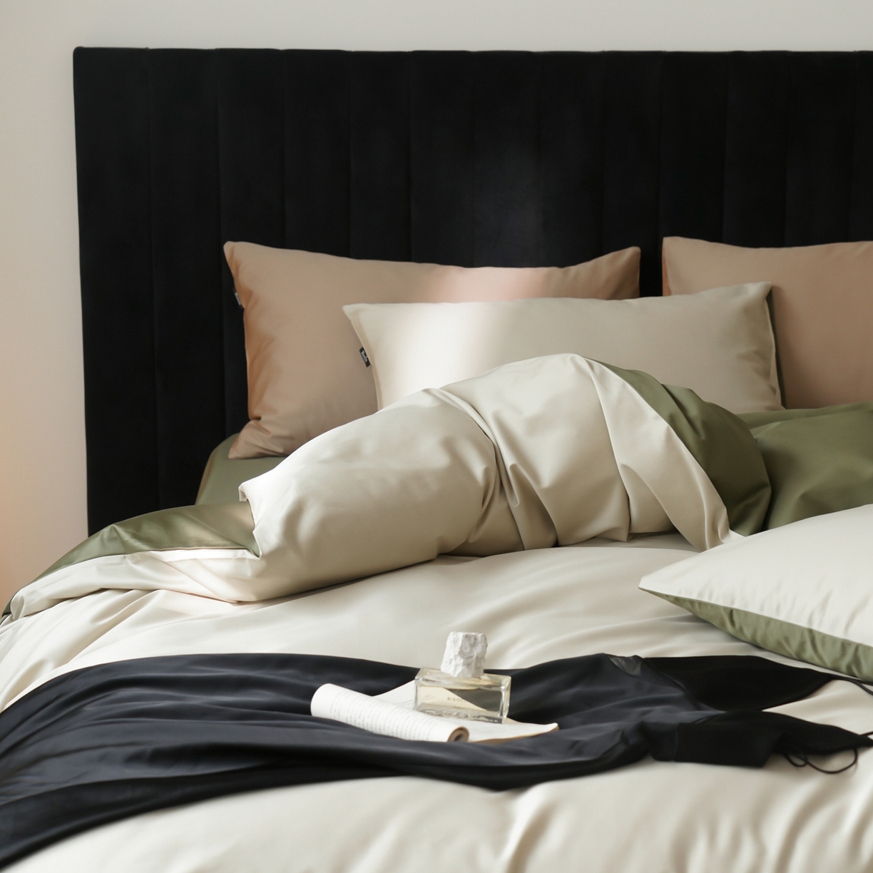 91家纺网 家纺一手货源 找家纺 玉宇阁家居 2026春夏新款50S双股全棉纯棉贡缎拼色四件套 苔原新绿