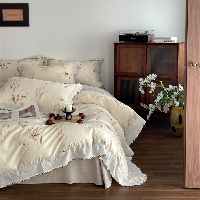 91家纺网 家纺一手货源 找家纺 （总）慕晨 2026新款天丝莱赛尔棉麻数码印色织花边被套四件套高级田园美式直播热款