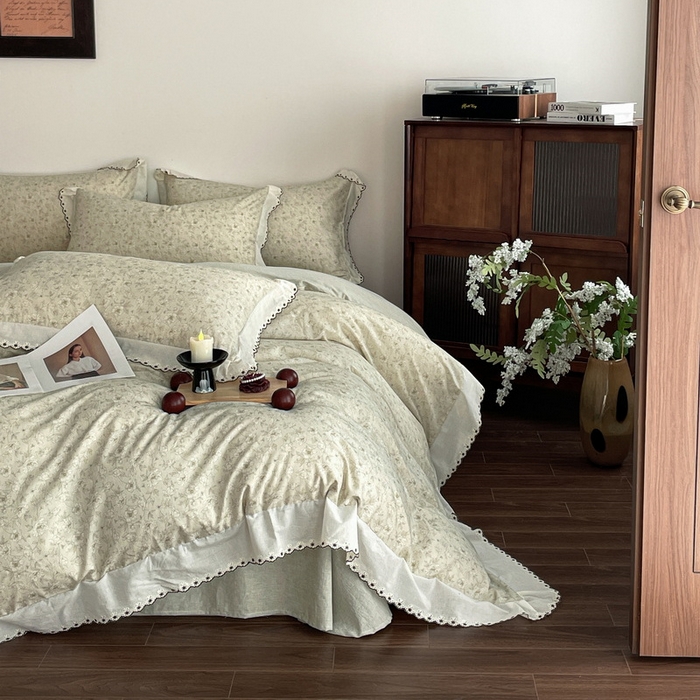 91家纺网 家纺一手货源 找家纺 （总）慕晨 2026新款天丝莱赛尔棉麻数码印色织花边被套四件套高级田园美式直播热款