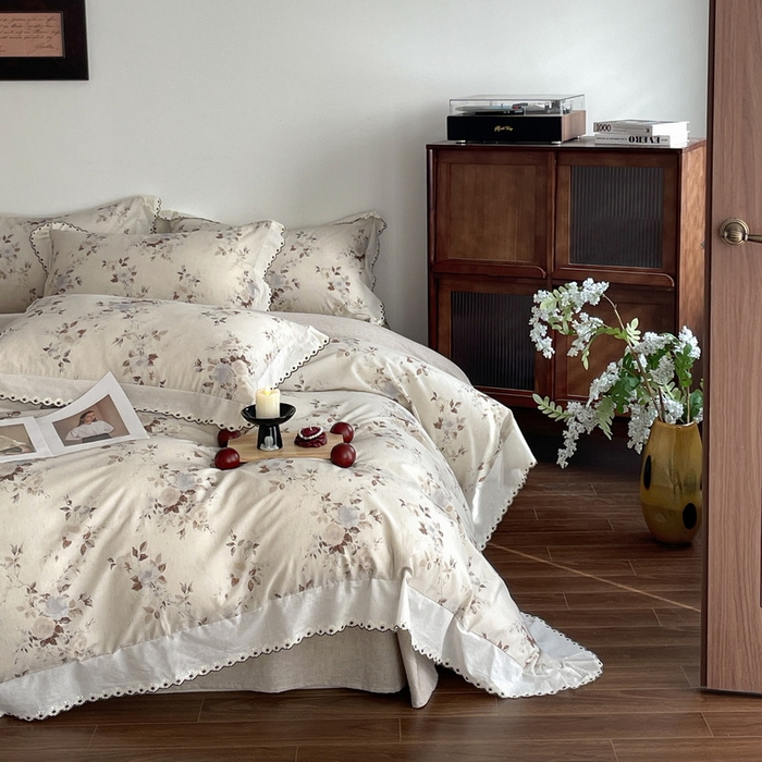 91家纺网 家纺一手货源 找家纺 （总）慕晨 2026新款天丝莱赛尔棉麻数码印色织花边被套四件套高级田园美式直播热款