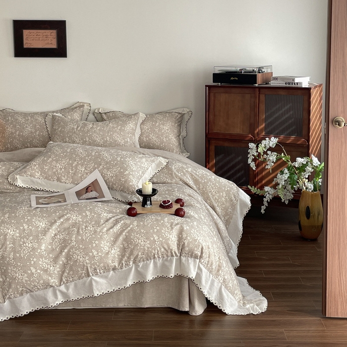 91家纺网 家纺一手货源 找家纺 （总）慕晨 2026新款天丝莱赛尔棉麻数码印色织花边被套四件套高级田园美式直播热款