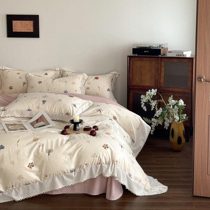 91家纺网 家纺一手货源 找家纺 （总）慕晨 2026新款天丝莱赛尔棉麻数码印色织花边被套四件套高级田园美式直播热款