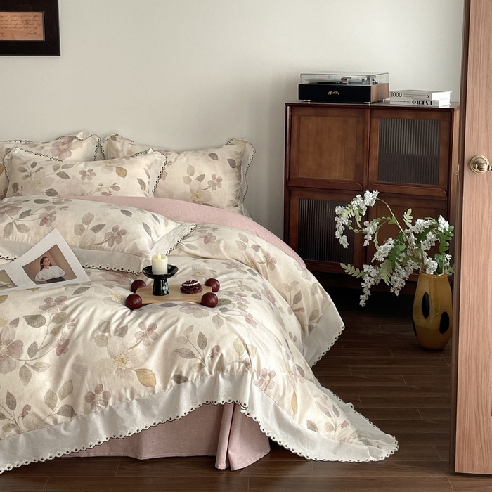 91家纺网 家纺一手货源 找家纺 （总）慕晨 2026新款天丝莱赛尔棉麻数码印色织花边被套四件套高级田园美式直播热款