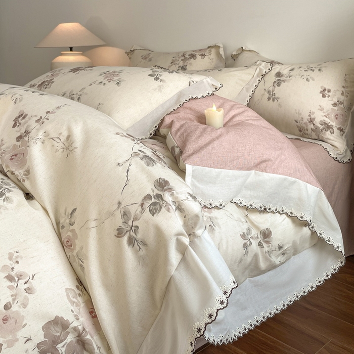 91家纺网 家纺一手货源 找家纺 （总）慕晨 2026新款天丝莱赛尔棉麻数码印色织花边被套四件套高级田园美式直播热款