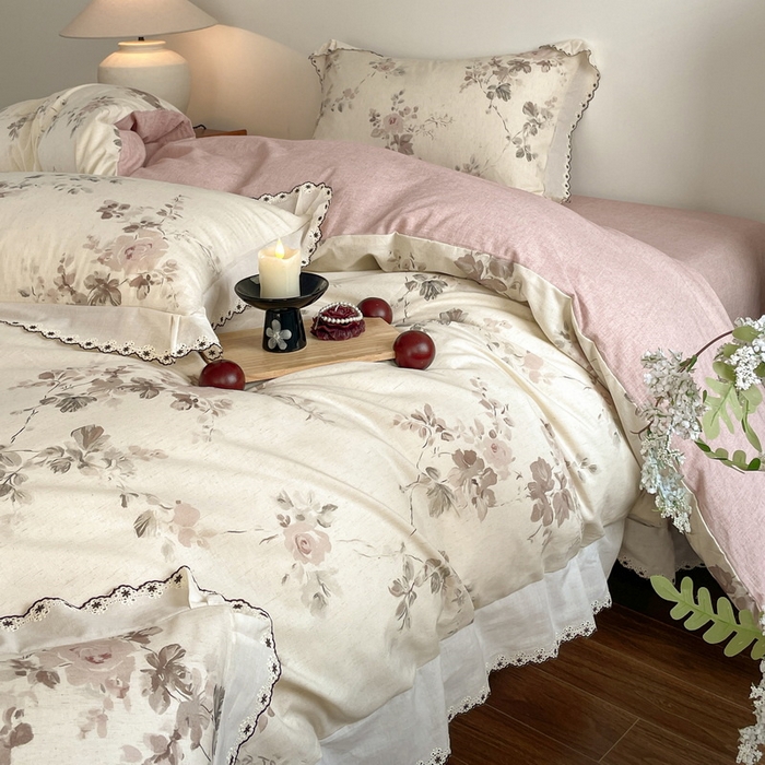 91家纺网 家纺一手货源 找家纺 （总）慕晨 2026新款天丝莱赛尔棉麻数码印色织花边被套四件套高级田园美式直播热款