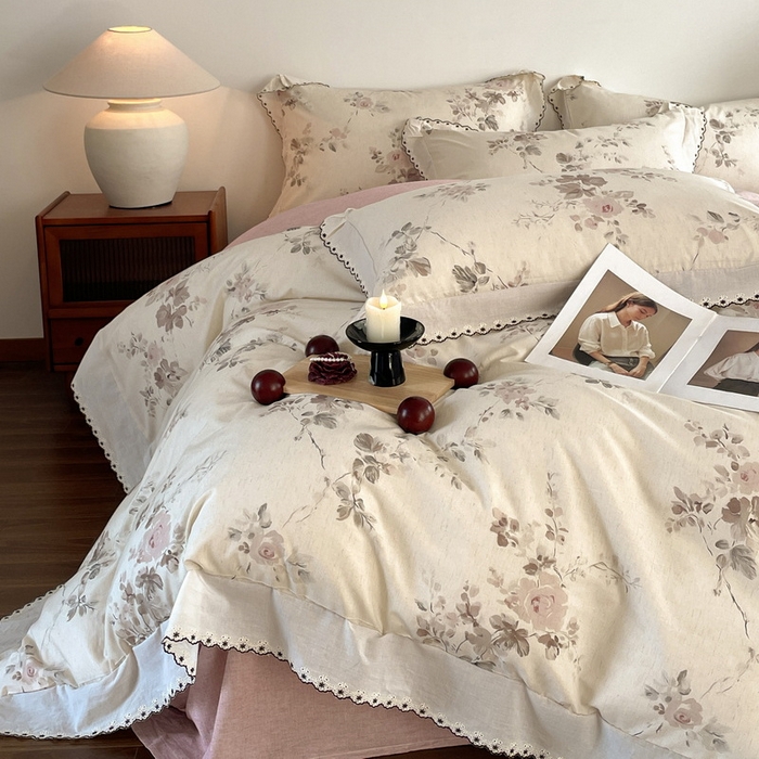 91家纺网 家纺一手货源 找家纺 （总）慕晨 2026新款天丝莱赛尔棉麻数码印色织花边被套四件套高级田园美式直播热款