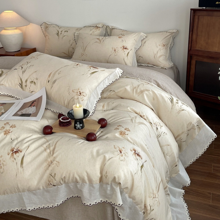 91家纺网 家纺一手货源 找家纺 慕晨 2026新款天丝莱赛尔棉麻数码印色织花边被套四件套高级田园美式直播热款 丁岚