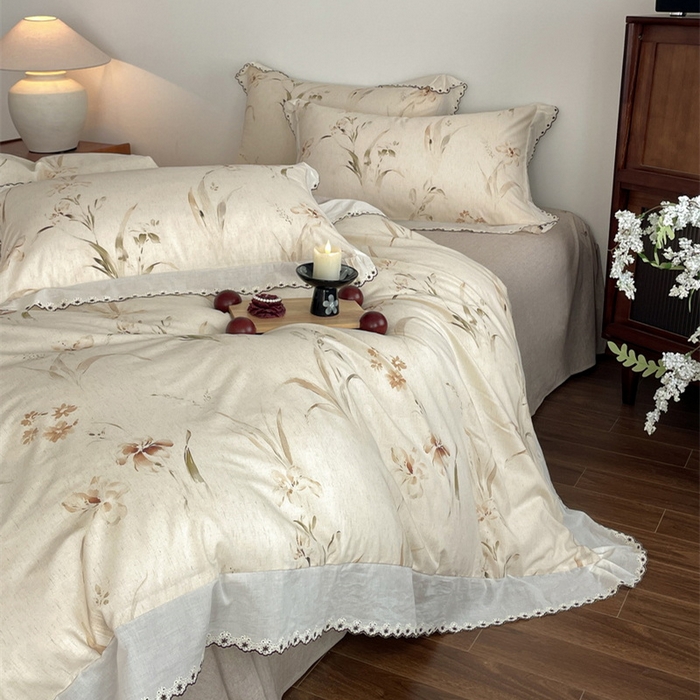 91家纺网 家纺一手货源 找家纺 慕晨 2026新款天丝莱赛尔棉麻数码印色织花边被套四件套高级田园美式直播热款 丁岚