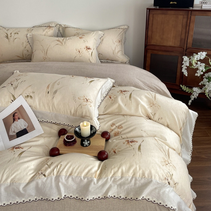 91家纺网 家纺一手货源 找家纺 慕晨 2026新款天丝莱赛尔棉麻数码印色织花边被套四件套高级田园美式直播热款 丁岚