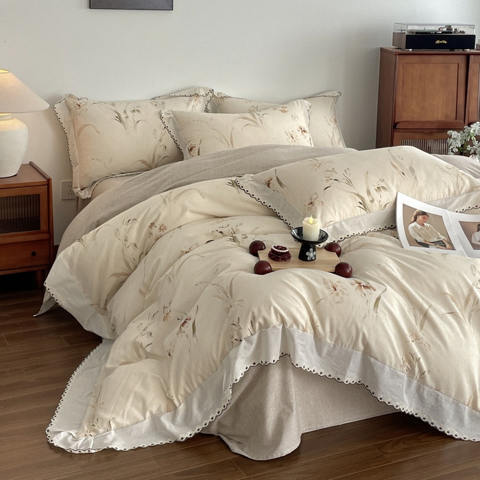 91家纺网 家纺一手货源 找家纺 慕晨 2026新款天丝莱赛尔棉麻数码印色织花边被套四件套高级田园美式直播热款 丁岚