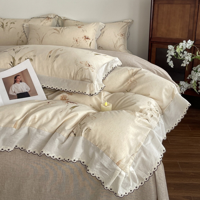 91家纺网 家纺一手货源 找家纺 慕晨 2026新款天丝莱赛尔棉麻数码印色织花边被套四件套高级田园美式直播热款 丁岚