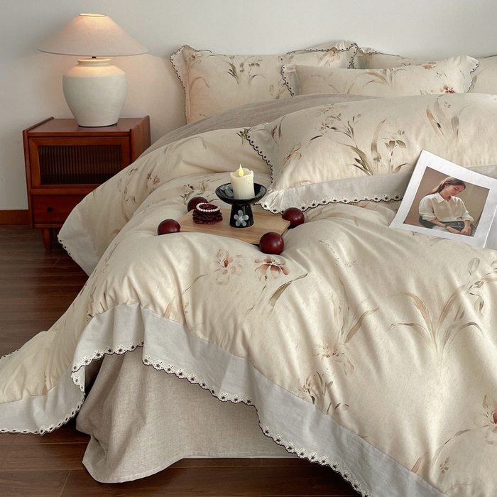 91家纺网 家纺一手货源 找家纺 慕晨 2026新款天丝莱赛尔棉麻数码印色织花边被套四件套高级田园美式直播热款 丁岚