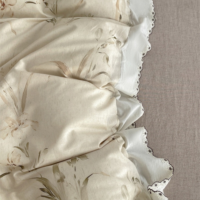 91家纺网 家纺一手货源 找家纺 慕晨 2026新款天丝莱赛尔棉麻数码印色织花边被套四件套高级田园美式直播热款 丁岚