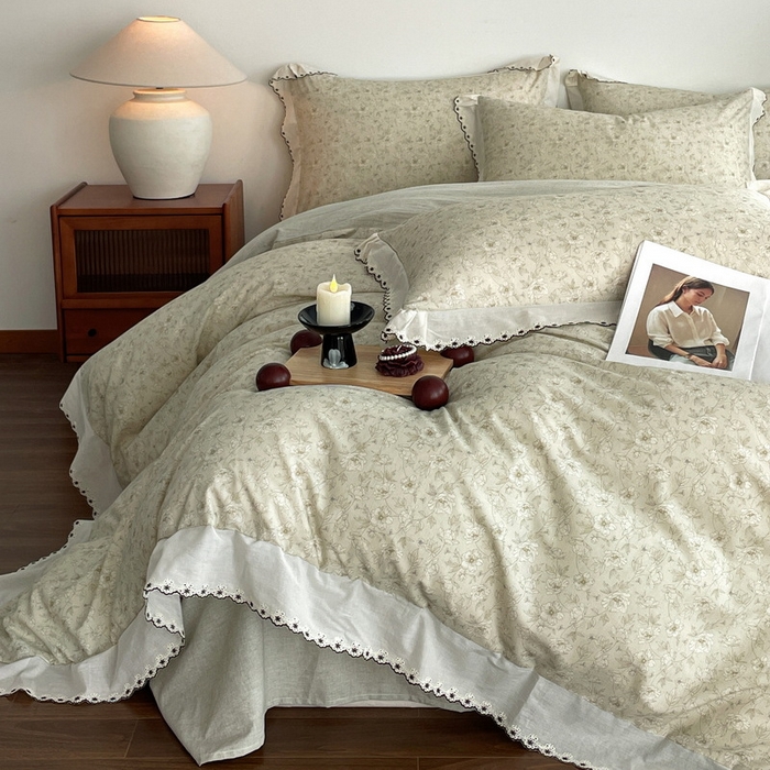 91家纺网 家纺一手货源 找家纺 慕晨 2026新款天丝莱赛尔棉麻数码印色织花边被套四件套高级田园美式直播热款 归宁