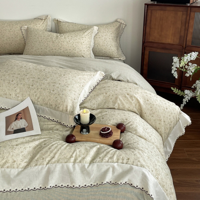 91家纺网 家纺一手货源 找家纺 慕晨 2026新款天丝莱赛尔棉麻数码印色织花边被套四件套高级田园美式直播热款 归宁