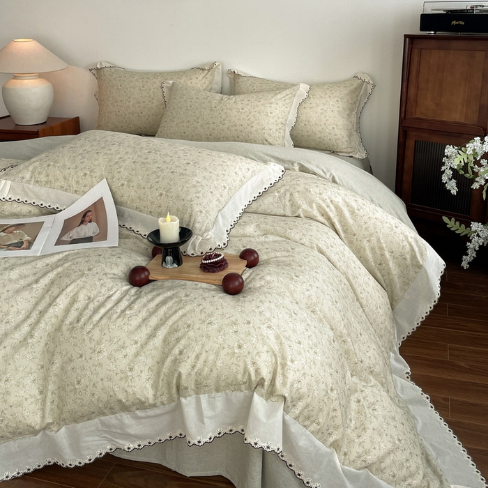 91家纺网 家纺一手货源 找家纺 慕晨 2026新款天丝莱赛尔棉麻数码印色织花边被套四件套高级田园美式直播热款 归宁