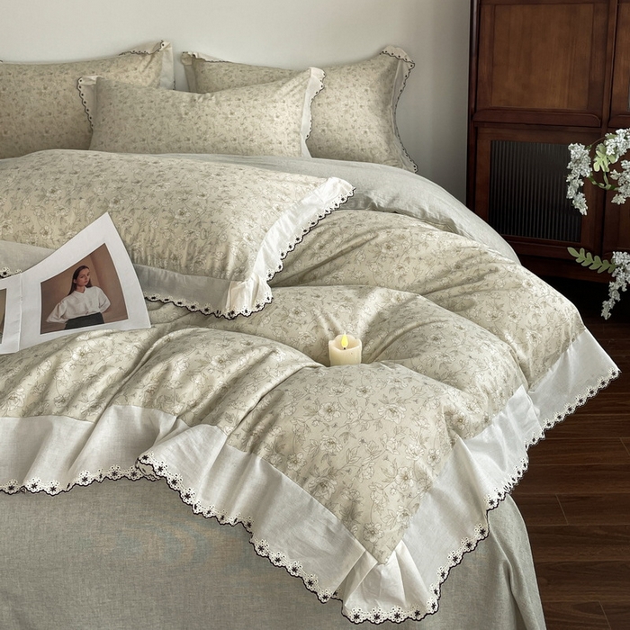 91家纺网 家纺一手货源 找家纺 慕晨 2026新款天丝莱赛尔棉麻数码印色织花边被套四件套高级田园美式直播热款 归宁