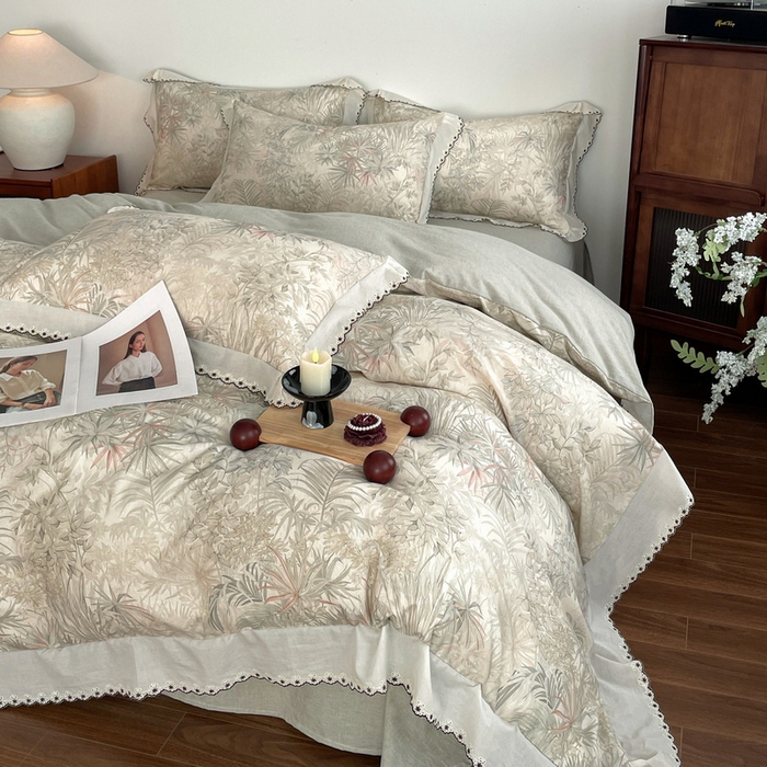 91家纺网 家纺一手货源 找家纺 慕晨 2026新款天丝莱赛尔棉麻数码印色织花边被套四件套高级田园美式直播热款 禾风