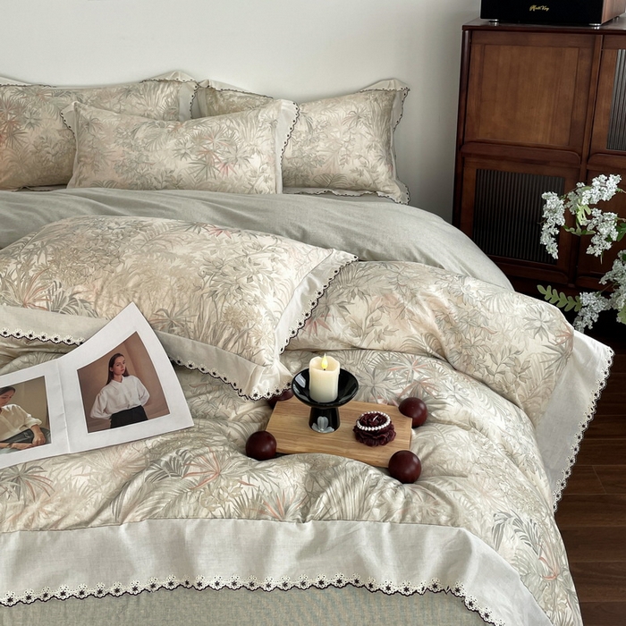 91家纺网 家纺一手货源 找家纺 慕晨 2026新款天丝莱赛尔棉麻数码印色织花边被套四件套高级田园美式直播热款 禾风