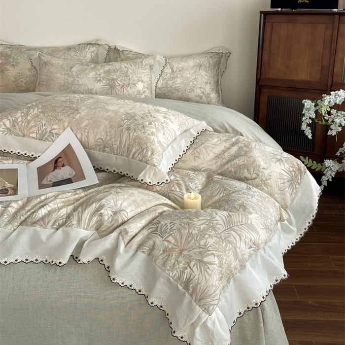 91家纺网 家纺一手货源 找家纺 慕晨 2026新款天丝莱赛尔棉麻数码印色织花边被套四件套高级田园美式直播热款 禾风