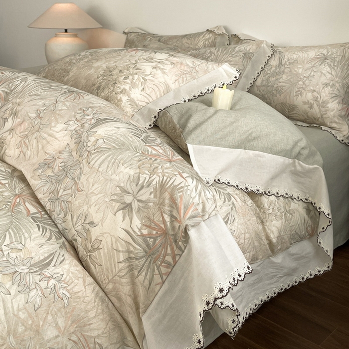 91家纺网 家纺一手货源 找家纺 慕晨 2026新款天丝莱赛尔棉麻数码印色织花边被套四件套高级田园美式直播热款 禾风