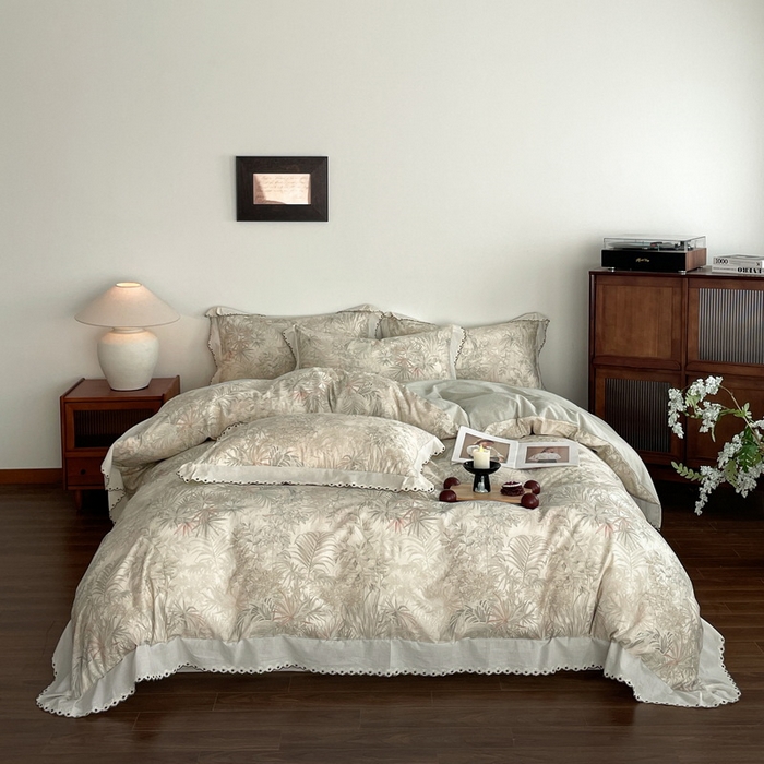 91家纺网 家纺一手货源 找家纺 慕晨 2026新款天丝莱赛尔棉麻数码印色织花边被套四件套高级田园美式直播热款 禾风