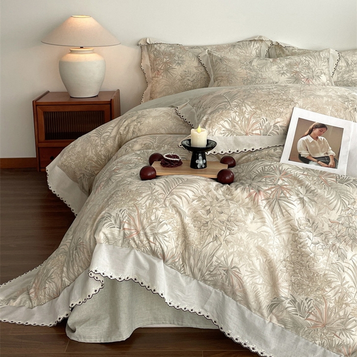 91家纺网 家纺一手货源 找家纺 慕晨 2026新款天丝莱赛尔棉麻数码印色织花边被套四件套高级田园美式直播热款 禾风