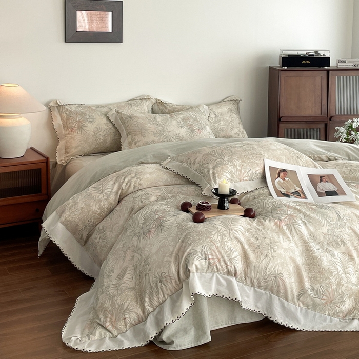 91家纺网 家纺一手货源 找家纺 慕晨 2026新款天丝莱赛尔棉麻数码印色织花边被套四件套高级田园美式直播热款 禾风