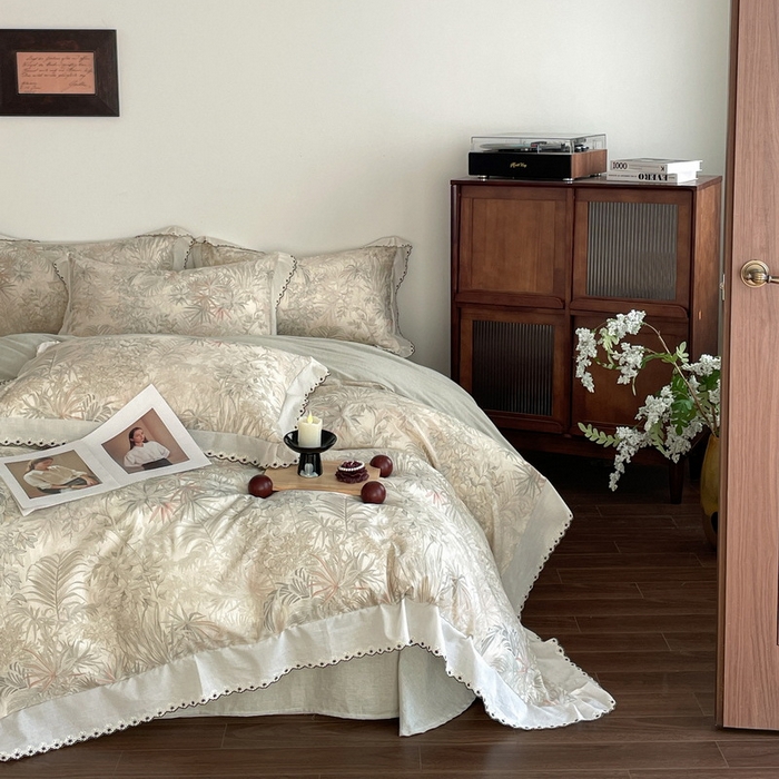 慕晨 2026新款天丝莱赛尔棉麻数码印色织花边被套四件套高级田园美式直播热款 禾风