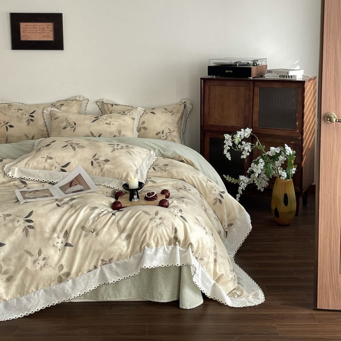 慕晨 2026新款天丝莱赛尔棉麻数码印色织花边被套四件套高级田园美式直播热款 漫夏