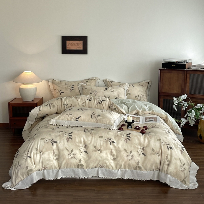 91家纺网 家纺一手货源 找家纺 慕晨 2026新款天丝莱赛尔棉麻数码印色织花边被套四件套高级田园美式直播热款 漫夏