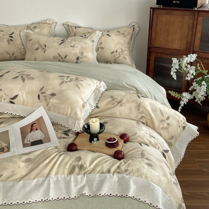 91家纺网 家纺一手货源 找家纺 慕晨 2026新款天丝莱赛尔棉麻数码印色织花边被套四件套高级田园美式直播热款 漫夏