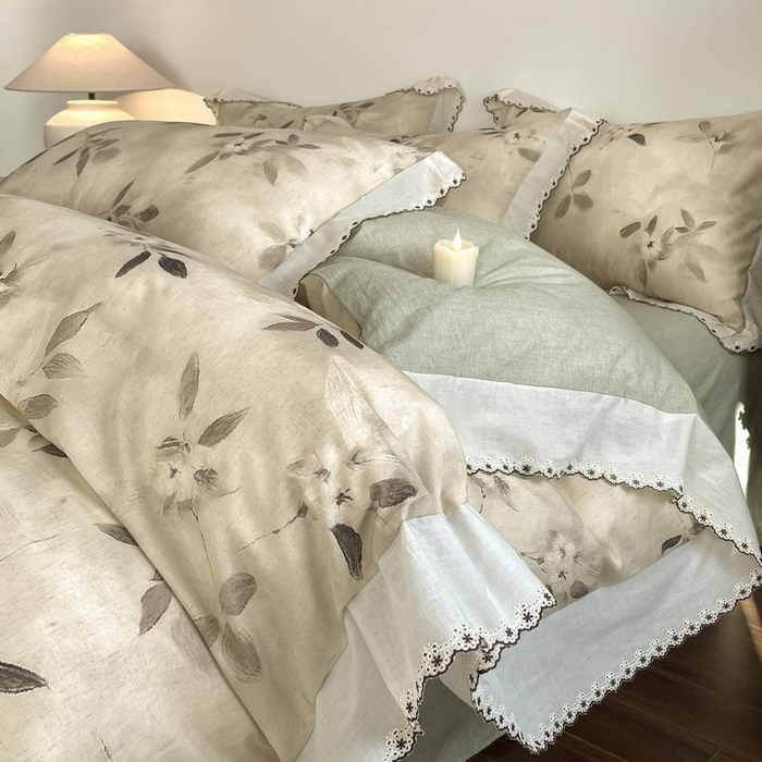 91家纺网 家纺一手货源 找家纺 慕晨 2026新款天丝莱赛尔棉麻数码印色织花边被套四件套高级田园美式直播热款 漫夏