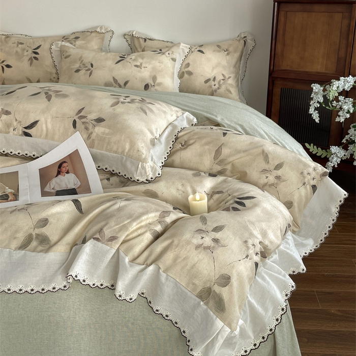 91家纺网 家纺一手货源 找家纺 慕晨 2026新款天丝莱赛尔棉麻数码印色织花边被套四件套高级田园美式直播热款 漫夏